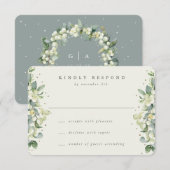 Groen/Cream Sneeuwbes+Eucalyptus Bruiloft RSVP Kaartje (Voorkant / Achterkant)