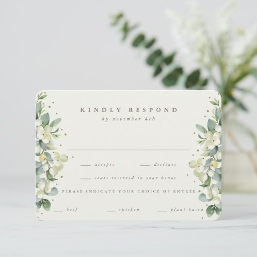 Groen/Cream Snowberry+Eucalyptus Rand Bruiloft RSVP Kaartje (Staand voorkant)