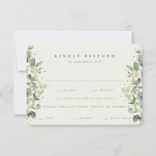 Groen/Cream Snowberry+Eucalyptus Rand Bruiloft RSVP Kaartje (Voorkant)