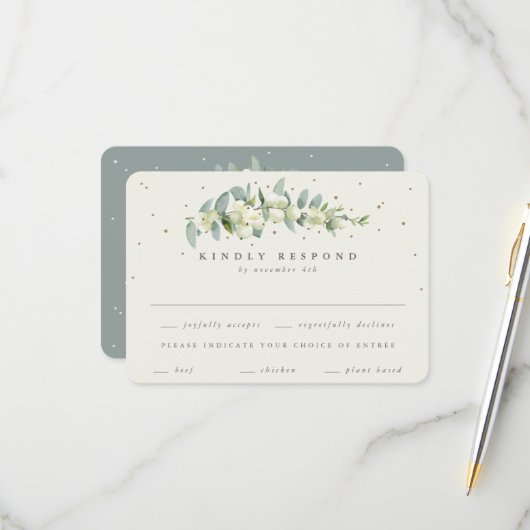 Groen/Cream Snowberry+Eucalyptus Stem Bruiloft RSVP Kaartje (Voorkant / Achterkant in situ)
