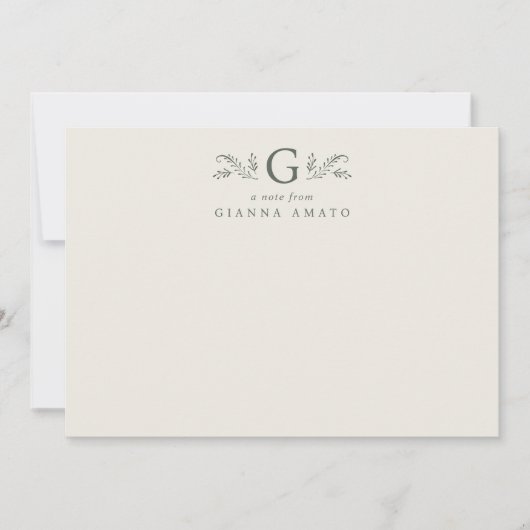 Groen & Crème Botanisch Monogram & Naam Notitiekaartje (Voorkant)