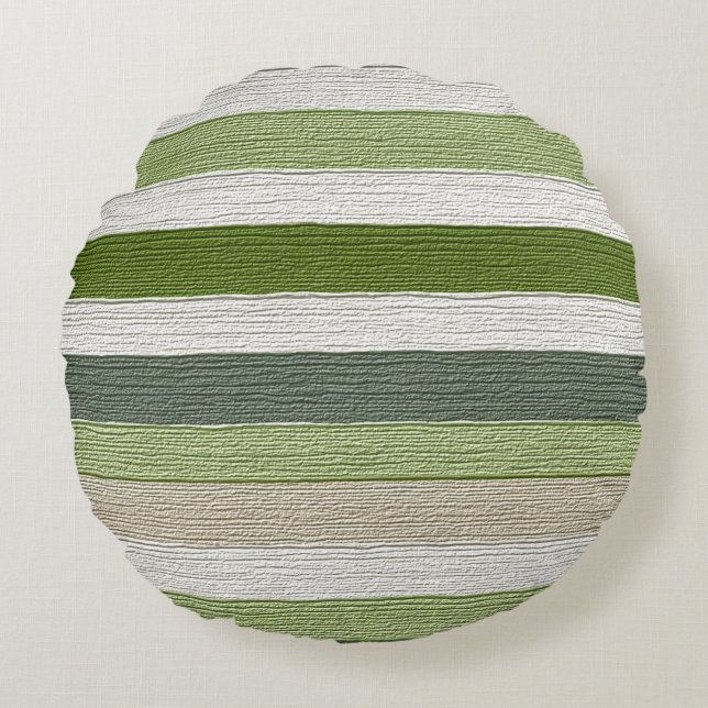 Groen & Crème Gestreepte Patroon Rond Kussen (Voorkant)