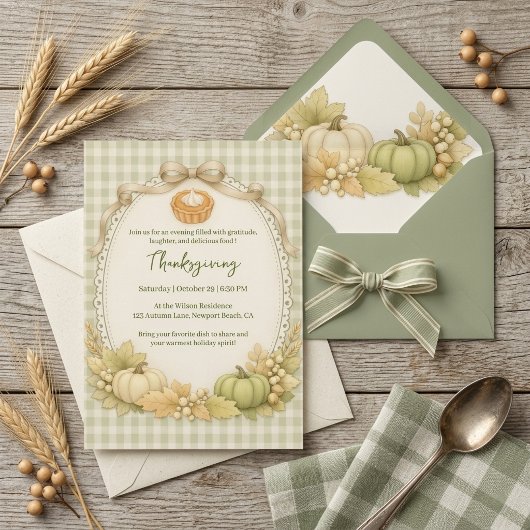 Groen & Crème Gingham Thanksgiving uitnodiging