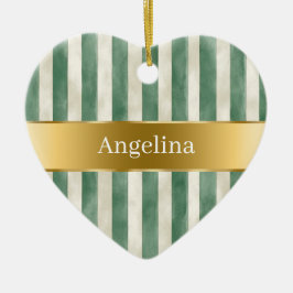 Groen Crème Witte Strepen Gouden Lint Kerst Keramisch Ornament