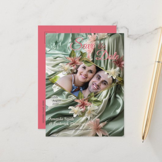 Groen, Crème, Zijden Drapes & Rozeachtige Bloemen Aankondigingskaart (Voorkant / Achterkant in situ)