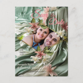 Groen, Crème, Zijden Drapes & Rozeachtige Bloemen Aankondigingskaart