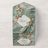 Groen, Crème, Zijden Drapes & Rozeachtige Bloemen All In One Uitnodiging (Buitenkant)