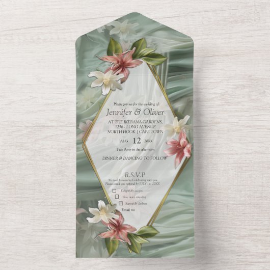 Groen, Crème, Zijden Drapes & Rozeachtige Bloemen All In One Uitnodiging (Binnen)
