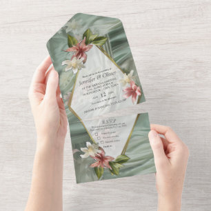 Groen, Crème, Zijden Drapes & Rozeachtige Bloemen All In One Uitnodiging
