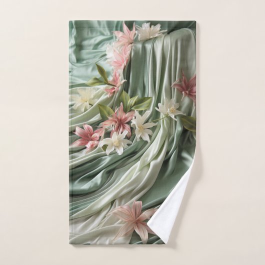 Groen, Crème, Zijden Drapes & Rozeachtige Bloemen Bad Handdoek (Handdoek)
