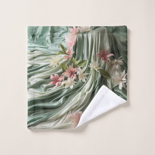 Groen, Crème, Zijden Drapes & Rozeachtige Bloemen Bad Handdoek (Wasdoekje)