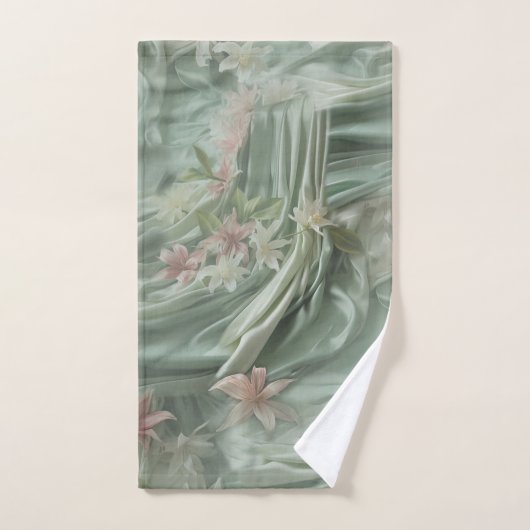 Groen, Crème, Zijden Drapes & Rozeachtige Bloemen Bad Handdoek (Handdoek)