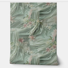 Groen, Crème, Zijden Drapes & Rozeachtige Bloemen Behang