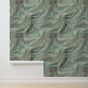Groen, Crème, Zijden Drapes & Rozeachtige Bloemen Behang