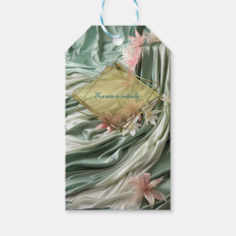 Groen, Crème, Zijden Drapes & Rozeachtige Bloemen Cadeaulabel