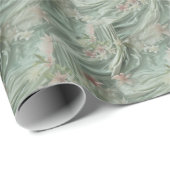 Groen, Crème, Zijden Drapes & Rozeachtige Bloemen Cadeaupapier (Rol Hoek)