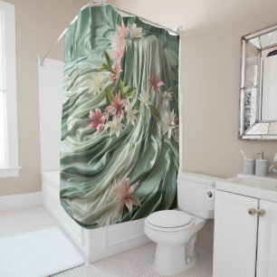 Groen, Crème, Zijden Drapes & Rozeachtige Bloemen Douchegordijn