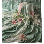 Groen, Crème, Zijden Drapes & Rozeachtige Bloemen Douchegordijn (Voorkant)