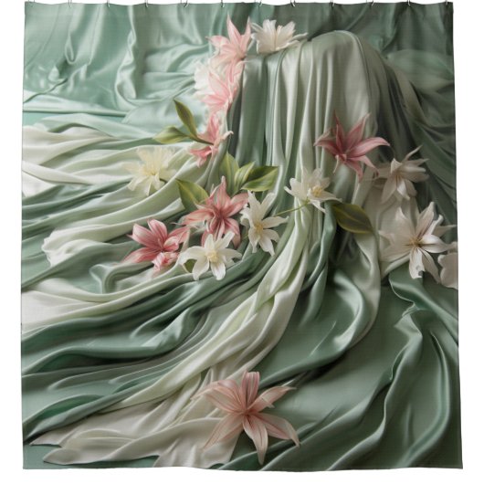 Groen, Crème, Zijden Drapes & Rozeachtige Bloemen Douchegordijn (Voorkant)