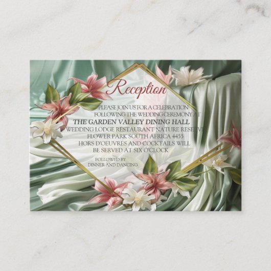 Groen, Crème, Zijden Drapes & Rozeachtige Bloemen Informatiekaartje (Voorkant)