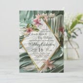 Groen, Crème, Zijden Drapes & Rozeachtige Bloemen Kaart (Staand voorkant)