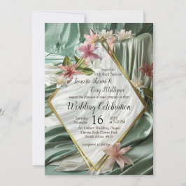 Groen, Crème, Zijden Drapes & Rozeachtige Bloemen Kaart