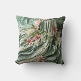 Groen, Crème, Zijden Drapes & Rozeachtige Bloemen Kussen