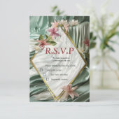 Groen, Crème, Zijden Drapes & Rozeachtige Bloemen RSVP Kaartje (Staand voorkant)