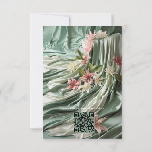 Groen, Crème, Zijden Drapes & Rozeachtige Bloemen RSVP Kaartje (Achterkant)