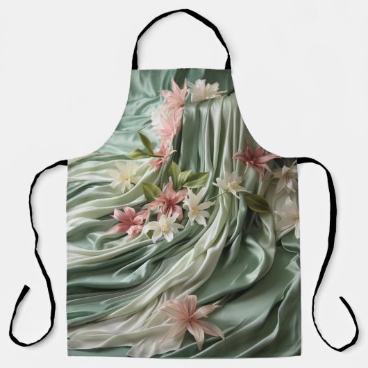 Groen, Crème, Zijden Drapes & Rozeachtige Bloemen Schort (Voorkant)