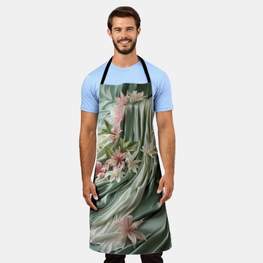 Groen, Crème, Zijden Drapes & Rozeachtige Bloemen Schort (Gedragen)