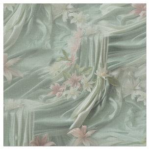 Groen, Crème, Zijden Drapes & Rozeachtige Bloemen Stof