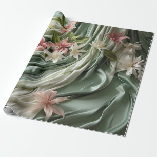 Groen, Crème, Zijden Gordijnen & Roze Bloemen Cadeaupapier