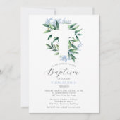 Groen Cross Blue Botanische Baby Boy Doop Kaart (Voorkant)