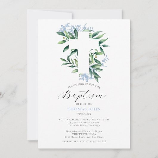 Groen Cross Blue Botanische Baby Boy Doop Kaart (Voorkant)