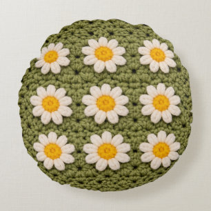 Groen Daisy's Oma-hakenpatroon Bloem Rond Kussen