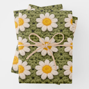 Groen Daisy's Oma-hakenpatroon Bloemrijk R Inpakpapier Vel