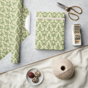 groen Damask Pattern op licht beige Cadeaupapier