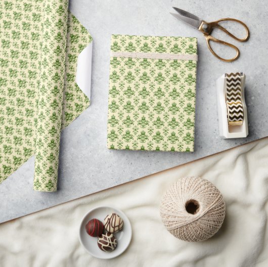  groen Damask Pattern op licht beige Cadeaupapier (Crafts)