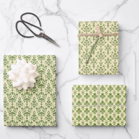 groen Damask Pattern op licht beige Inpakpapier Vel (Voorkant)