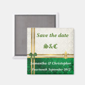 Groen damast en gouden lint sparen de datum magneet (Voorkant / Achterkant)