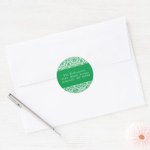 groen damast feestelijk retouradres ronde sticker