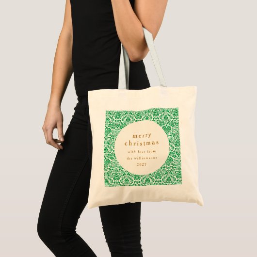  groen damast feestelijke aangepaste kerst tote bag (Voorkant (product))