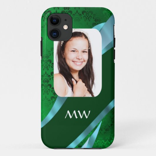 Groen damast monogram foto sjabloon Case-Mate iPhone case (Achterkant)