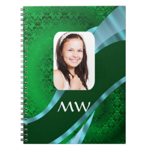 Groen damast monogram foto sjabloon notitieboek