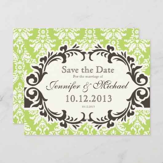 Groen Damast Save the Date briefkaart (Voorkant / Achterkant)