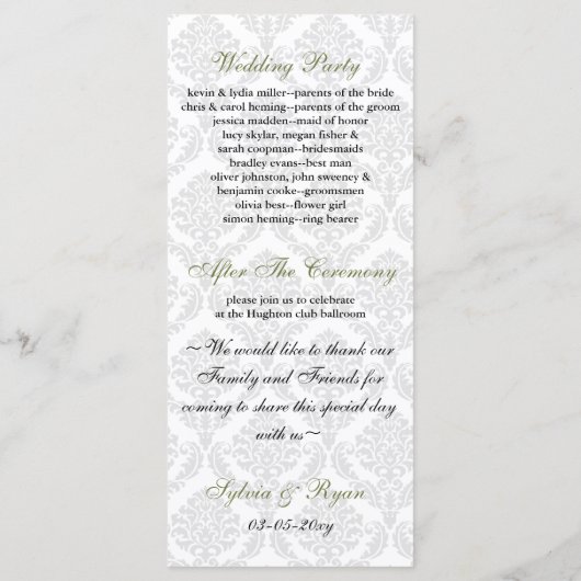 groen damast Trouwprogramma Programmakaart (Achterkant)