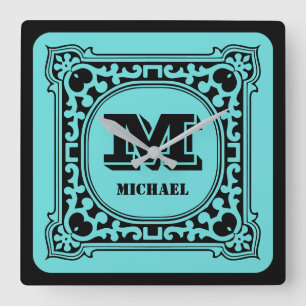 groen decoratief alfabet monogram vierkante klok