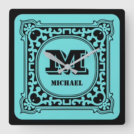 groen decoratief alfabet monogram vierkante klok (Voorkant)