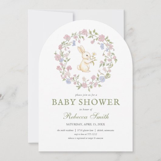 Groen Delicate  Floral Bunny Baby shower Kaart (Voorkant)